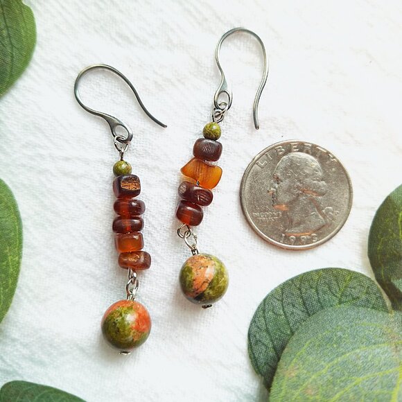 Earthy Boho Gemstone Earrings, Unakite & Sea Glass Earrings, Rustic Western - Picture 3 of 7